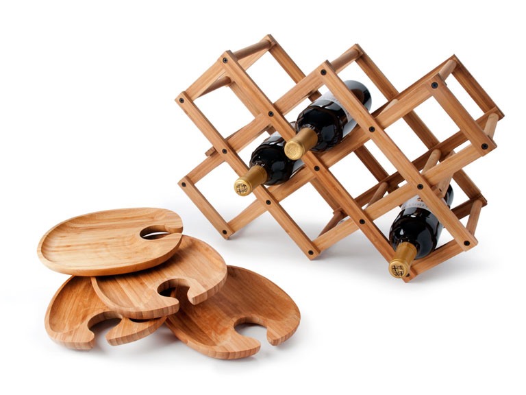 Bamboo Serving Trays and Wine Rack Set