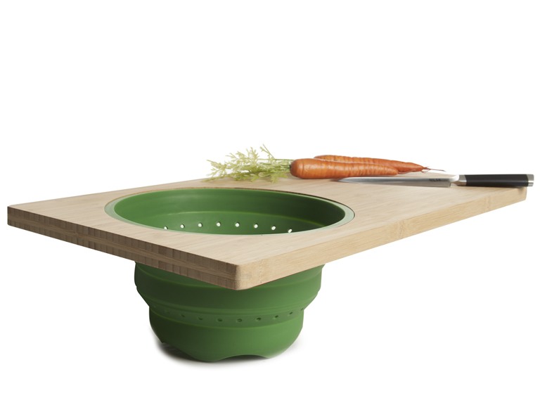 Bamboo Over-The-Sink Cutting Board - 23 inch Solid Bamboo Cutting Board + Built-in 10 inch Silicone Colander