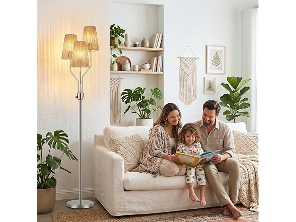 Bairth  Boho Floor Lamp, Farmhouse Rattan 3-Light