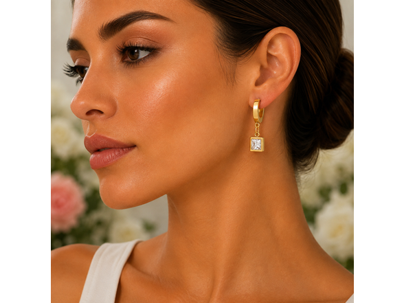 18K Gold Clear Square Stone Huggies