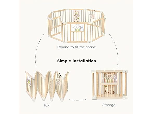 Ulnxiy Foldable Wooden Baby Playpen Activity Center,Adjustable Size & Shape Portable Play Yard, Baby Fence Play Area with Gate for Indoor Use for Babies and Toddlers(56x56x24inches) (Open Box)