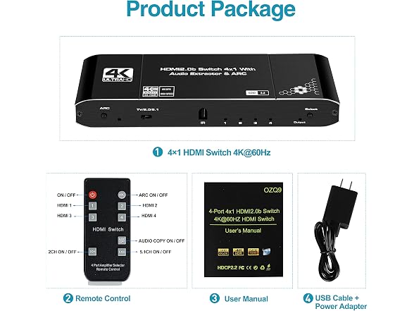 NEWCARE HDMI Switch 4 in 1 Out 4K@60Hz