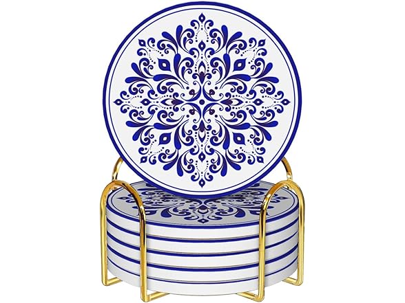 Coasters with Holder,Blue and White Style