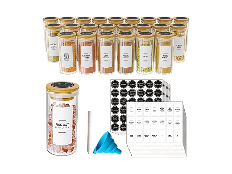 SpaceAid 24 Pcs Spice Jars with Bamboo Lids and Labels