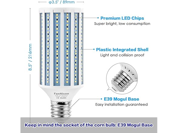FanNicoo E39 LED Plastic Corn Light Bulb 500W Equivalent 60W