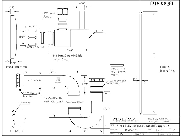Westbrass Freestanding Pedestal Sink Faucet Supply Line