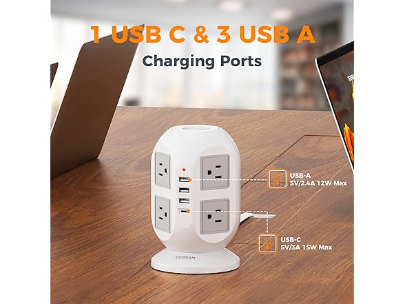 TESSAN 10ft Cord Power Tower (8 Outlets, 1 USB-C, 3 USB-A)