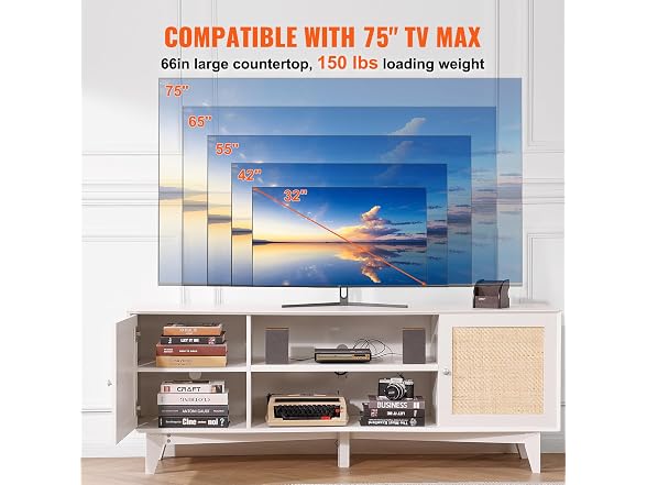 Rattan TV Stand for 75in TV, Boho TV Stand with