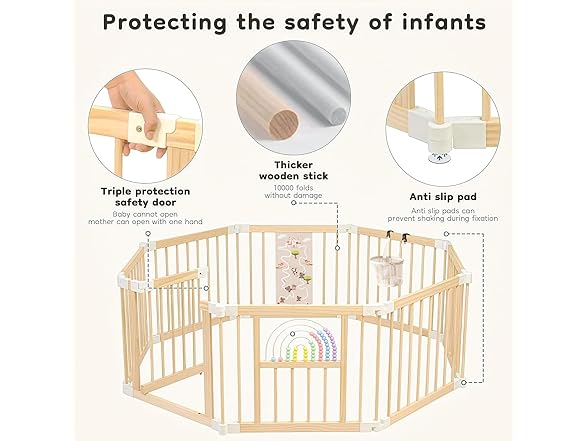 Ulnxiy Foldable Wooden Baby Playpen Activity Center,Adjustable Size & Shape Portable Play Yard, Baby Fence Play Area with Gate for Indoor Use for Babies and Toddlers(56x56x24inches) (Open Box)
