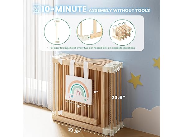 Foldable Wooden Playpen - Adjustable Wood Baby Play Yard with Child-Proof Lock, Indoor Large Safety Fence for Babies and Toddlers - Easy Assembly, 55 x 55 x 24 inches, Rainbow Dream, Natural (Open Box)