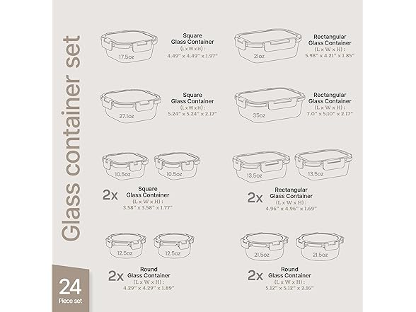 Bakken Borosilicate Glass Food Storage Containers with Lids 24 Pieces