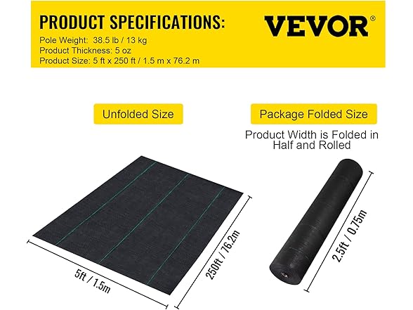 VEVOR 5FTx250FT Premium Heavy Duty Weed Barrier Landscape Fabric