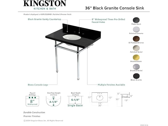 Kingston Brass Console Sink, Black Granite/Brushed Brass