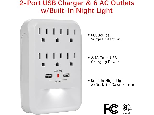 Clear Power 6-Outlet 600 Joule Wall-tap w/2-port USB-A Charger & Nightlight