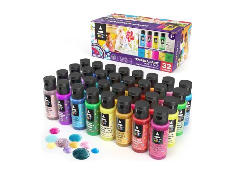 Arteza Kids ARTEZA 32 Tempera Paint, 2.03oz/60ml Bottles, Wa
