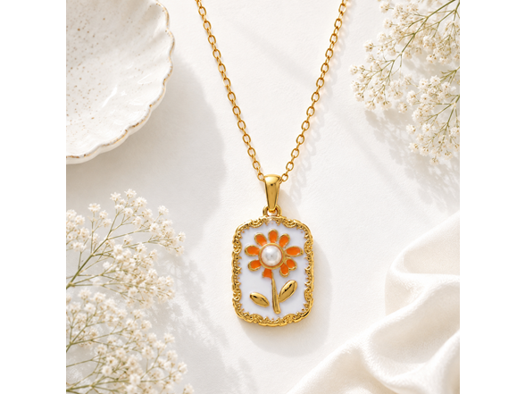 18K Gold Orange Flower Dog Tag Pendant
