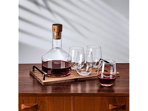 lass Acacia Wood 7 PC  Wine Decanter Carafe Serving Set