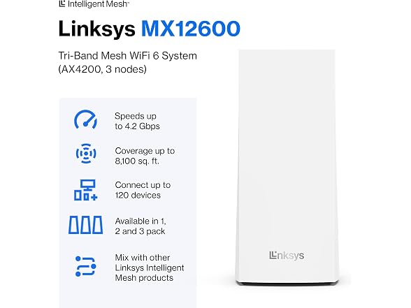 Linksys MX12600 Velop AX4200 Tri-Band Mesh Wi-Fi 6 System Router