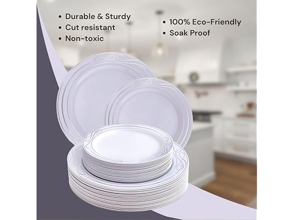 Bella Collection White with Silver Rim Plates Combo Set (Pack of 40)