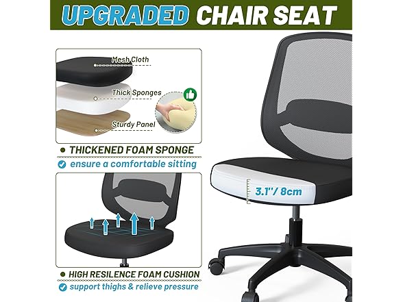 KIZECK Armless Mesh Home Office Chair