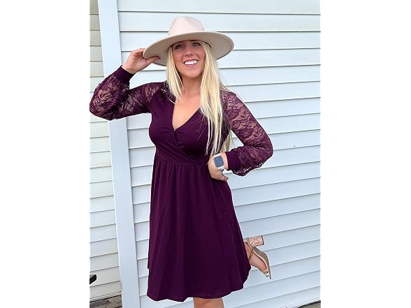 Ouges Women (XL) Dress Lace Long Sleeve Midi Dress