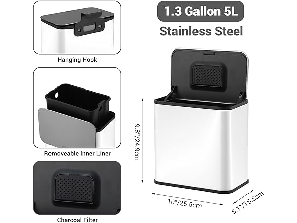 OUTLANE 1.3 Gallon Slim Hanging Stainless Steel Trash