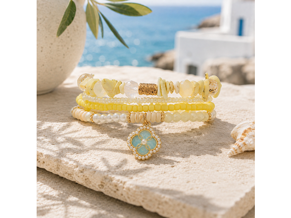 Stretch Beaded Bracelet Stack with Clover Charm