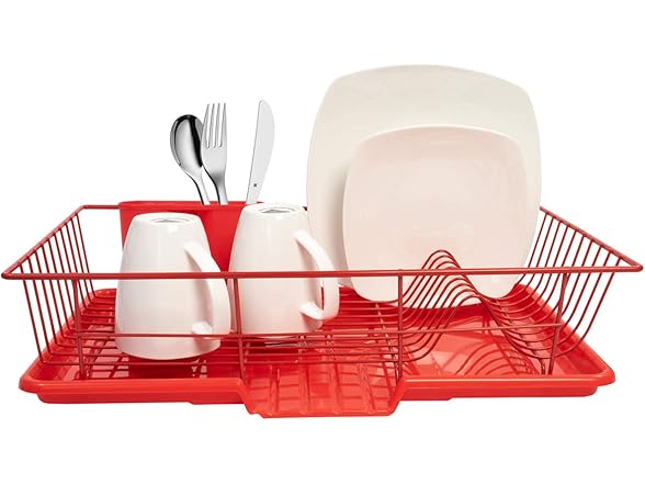 3 Piece Metal Dish Drainer Rack Set Red