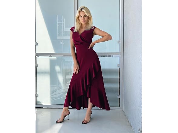 Miusol Women (S) Elegant V Neck Ruffle Split Dress
