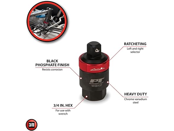 Performance Tool W38137 3/8-Inch Drive Ratcheting Adapter,Black