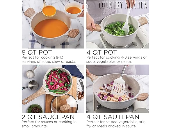 Country Kitchen Non-Stick Cast Aluminum Cookware Cream, 13 Pc.