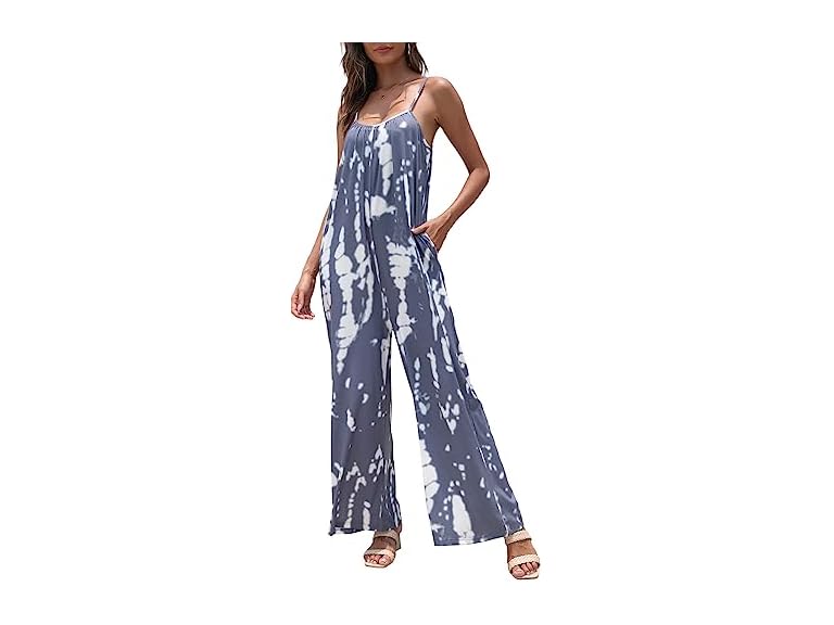 FKEEP Women's Loose V Neck Sleeveless Jumpsuits Adjustable Spaghetti Strap Romper Casual Wide Legs Pants with Pockets(B-Blue,Medium)