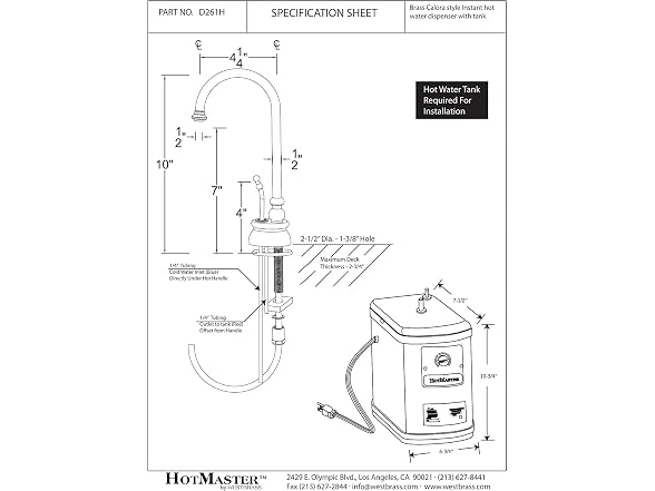 Westbrass A261HFP-11 10" Calorah 1-Handle Hot Water Dispenser
