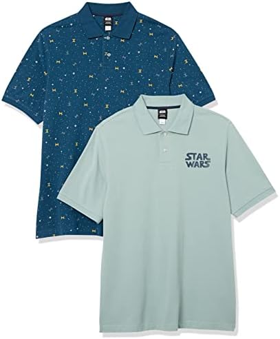 Amazon Essentials Disney | Marvel | Star Wars Men's Regular-Fit Cotton Pique Polo Shirt, Pack of 2, Star Wars Logo Ships, Small