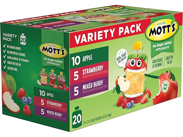 20PK Mott's No Sugar Added Applesauce 3 Flavor Variety