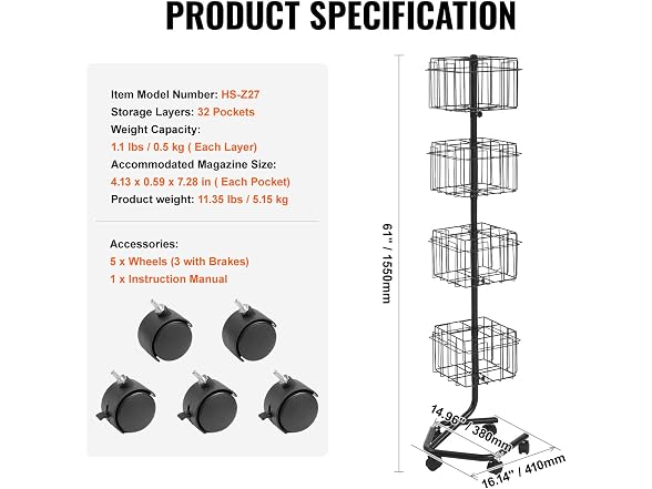 Brochure Display Rack, 4-Tier 32 Pockets