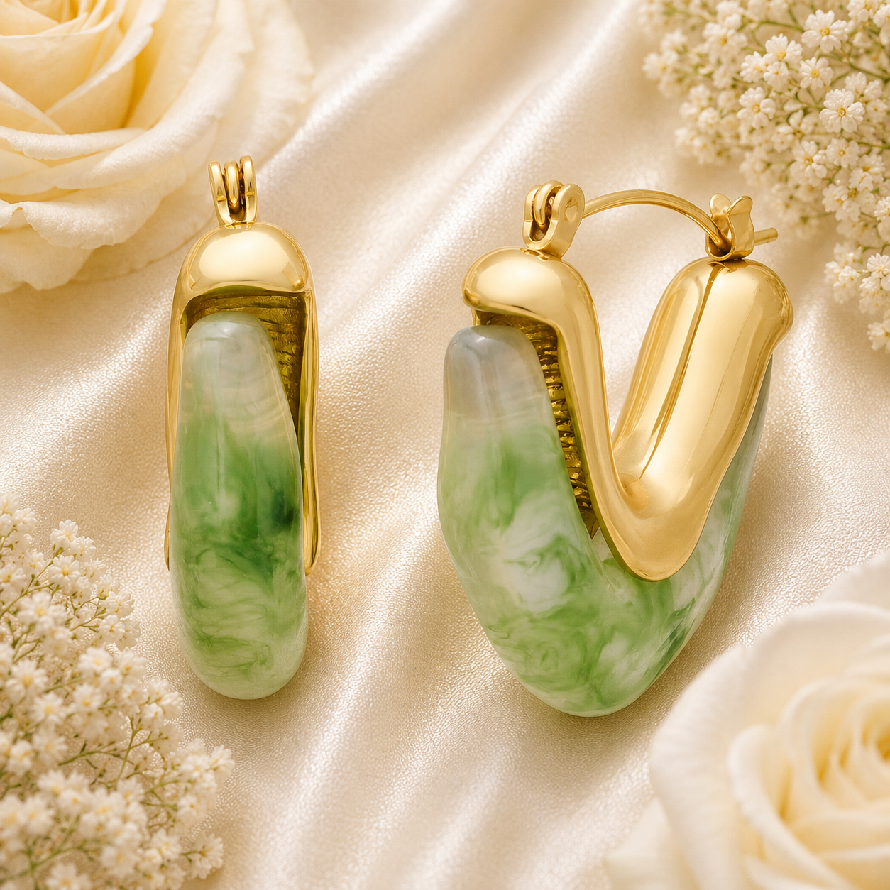 18K Gold Green Resin Hoop Earrings - Gallery 5