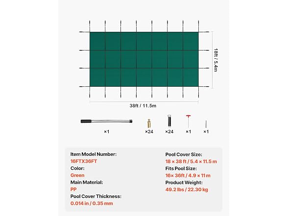 Pool Safety Cover Fits 16x36ft Rectangle