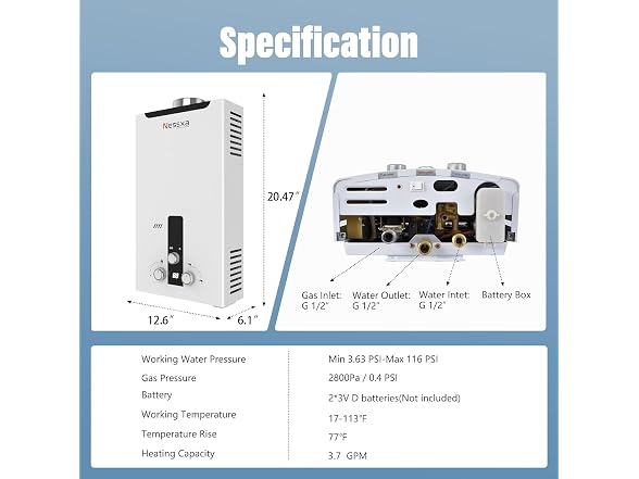 Nessxa Tankless Water Heater Propane 85300 BTU
