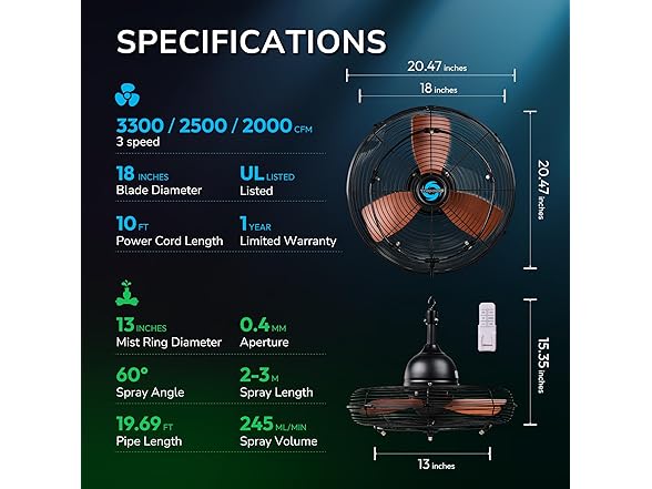 20" Outdoor Ceiling Fan with Misting