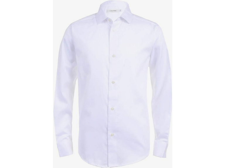 Calvin Klein Boys' Long Sleeve Sateen Dress Shirt, Button-Down Style with Buttoned Cuffs & Shirttail Hem, White, 3T