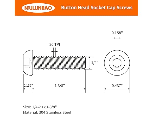 1/4-20x1-3/8 Button Head Screws 304SS