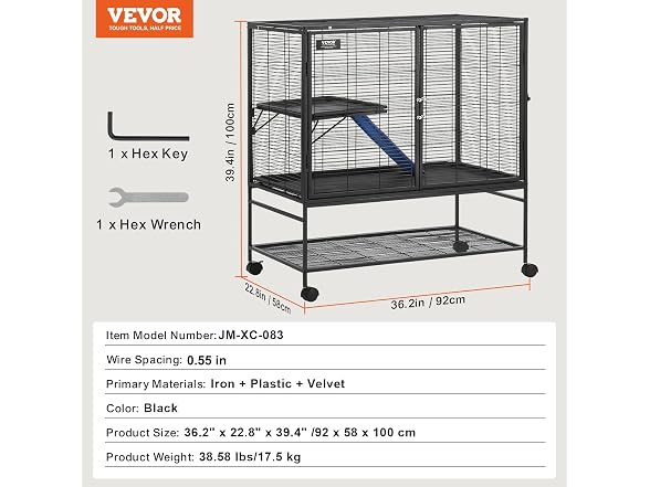VEVOR 39" Rolling Metal Ferret Cage