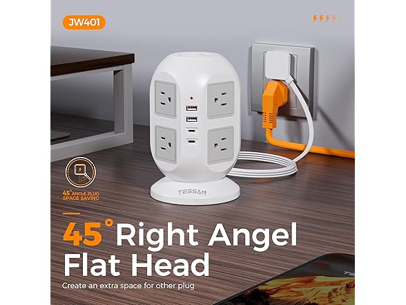 TESSAN 10ft Cord Power Tower (8 Outlets, 2 USB-C, 2 USB-A)