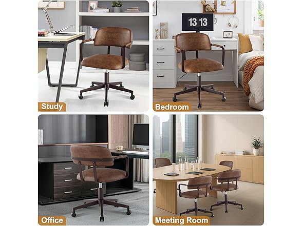 BERYTH Home Office Desk Chair, Mid-Century Modern Desk Chair with Padded Arms, Adjustable Seat Height, Mid Back 360° Small Computer Chair with Mobile Mute Wheel, PU Leather (Brown) (Open Box)