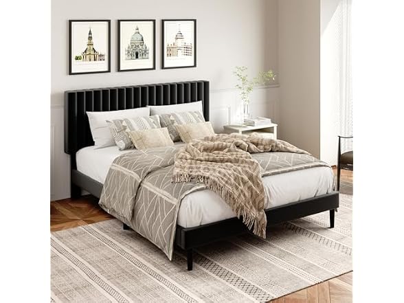 King Platform Bed, Velvet Headboard