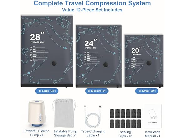 Vacuum Seal Travel Bags w/ Pump 12-Pack