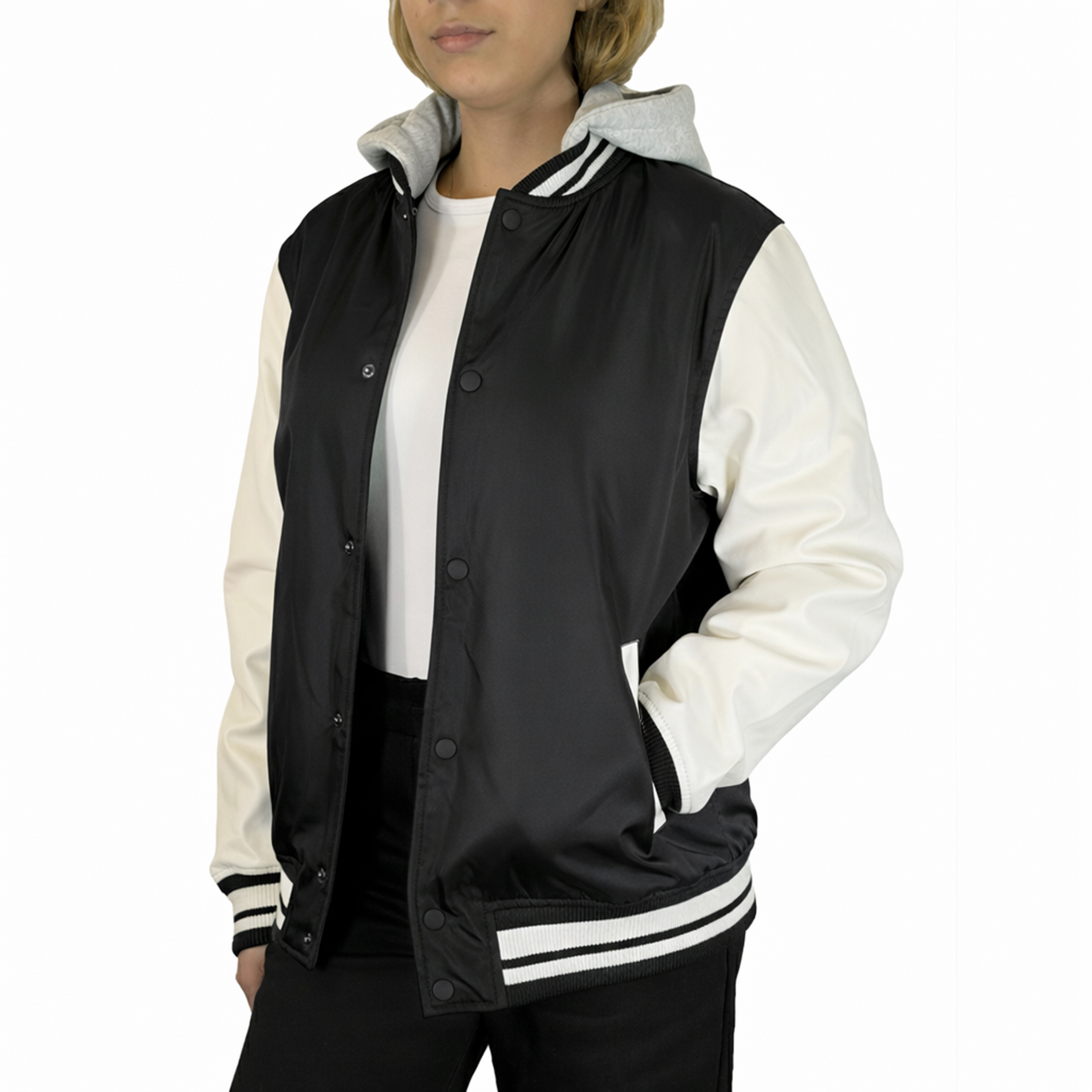 Womens Oversized Heavyweight Hooded Varsity Jacket - Gallery 23