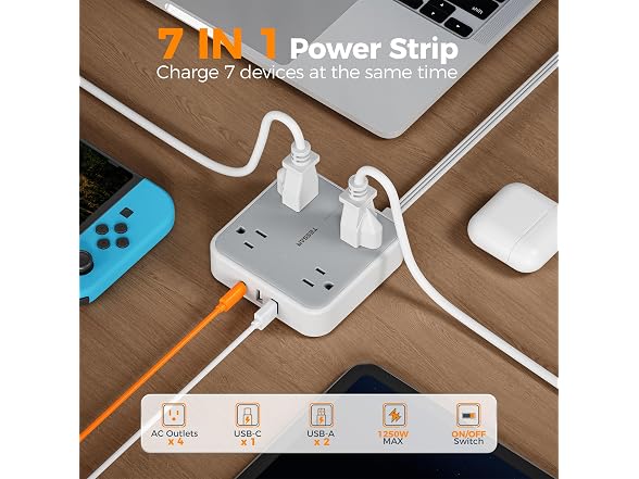 TESSAN 900J Power Strip 25ft Cord (4 Outlets, 3 USB)