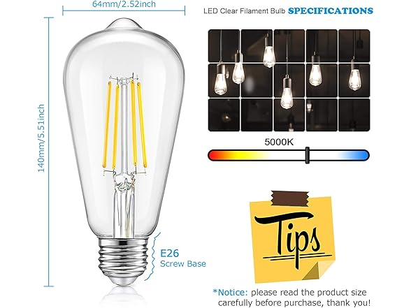 TOBUSA Dimmable Edison Light Bulbs 100W 5000K 4P